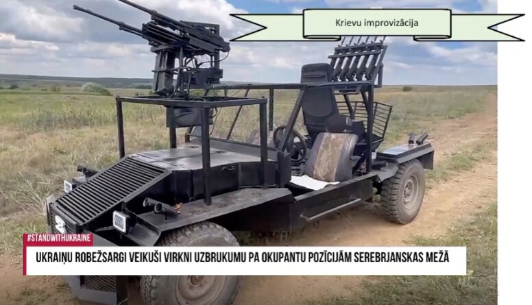 Krievu improvizācija - pielāgots bagijs cīņai ar droniem - un ukraiņu improvizācija ar ložmetēju