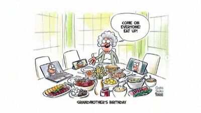 Karikatūru apskats: Attālinātā vecmāmiņas dzimšanas diena!