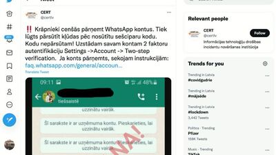 Saziņas vietnē "WhatsApp" uzdarbojas krāpnieki, kuri cenšas pārņemt kontus